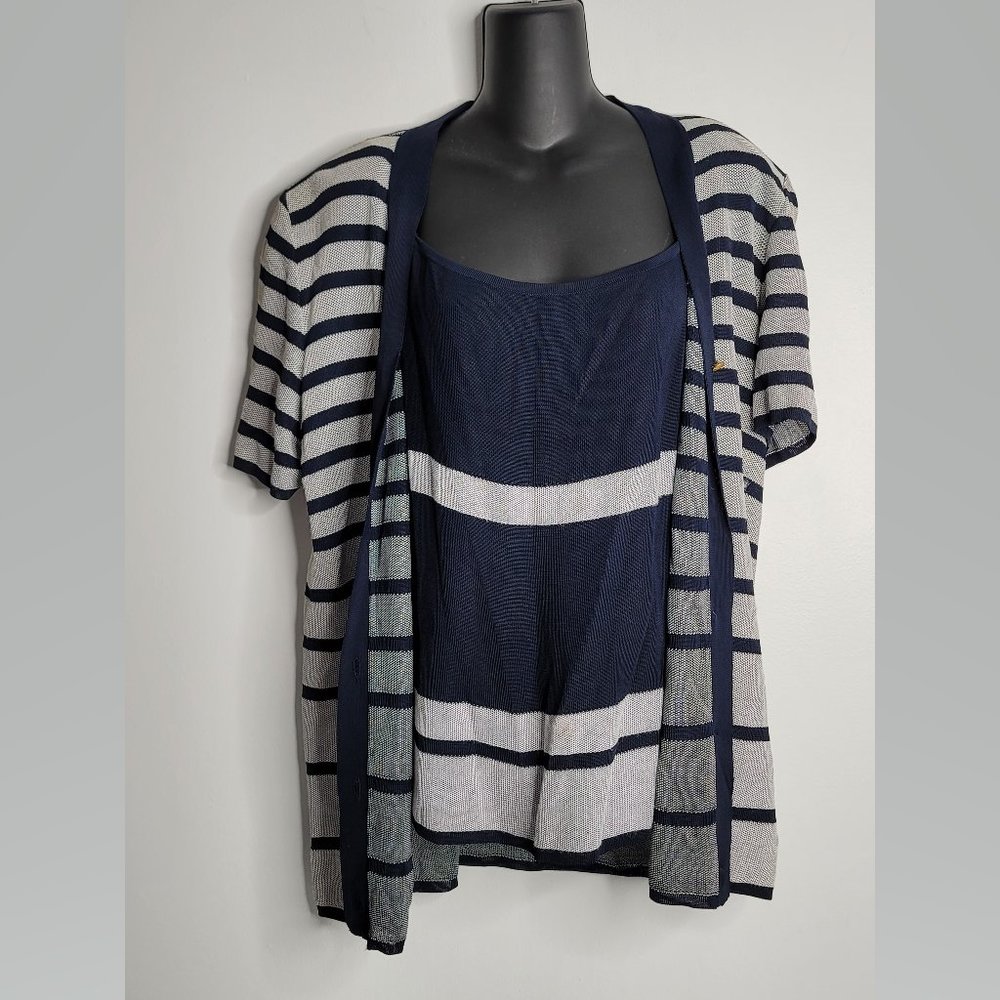 Louis Feraud Top‎ Shirt Set Vintage Navy Blue White Stripes Nautical 12 Knit